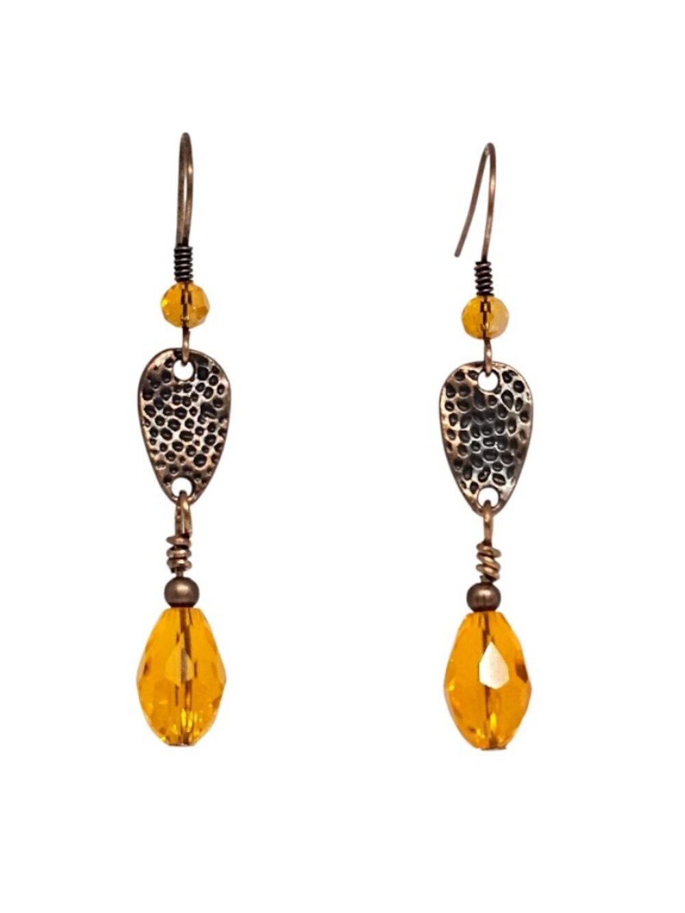 Handmade Orange Teardrop Crystal Bead Copper Dangle Boho Earrings Rustic Drop